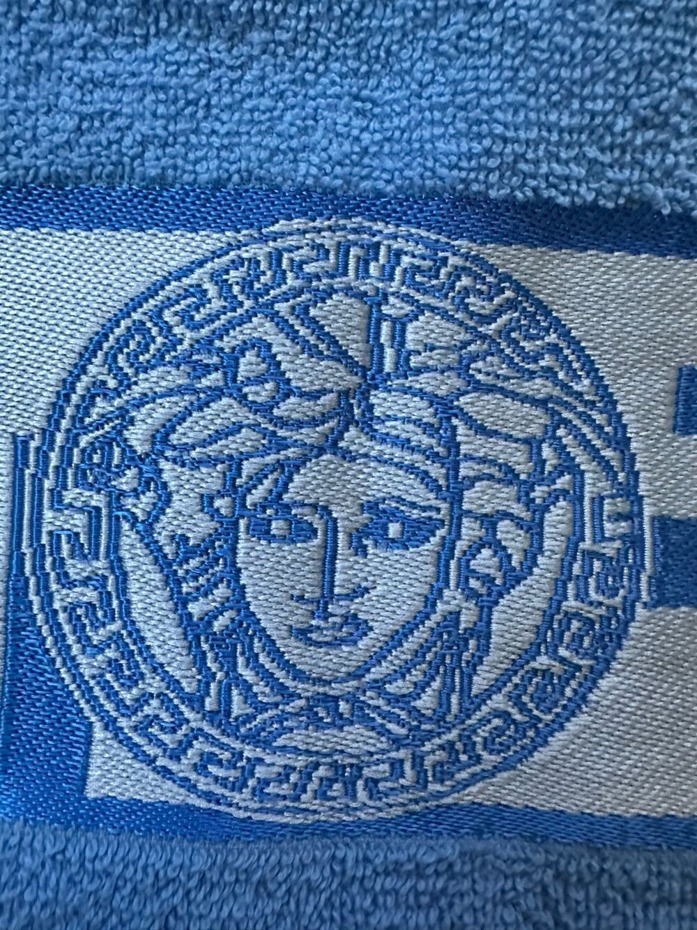 Vintage Versace-style cotton terry beach bath towel blue Medusa Greek border